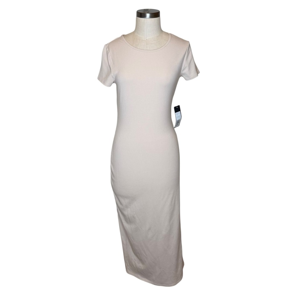 BEBE Cream‎ Taupe Ribbed Knit Maxi T-Shirt Dress Women's Size Small NWT